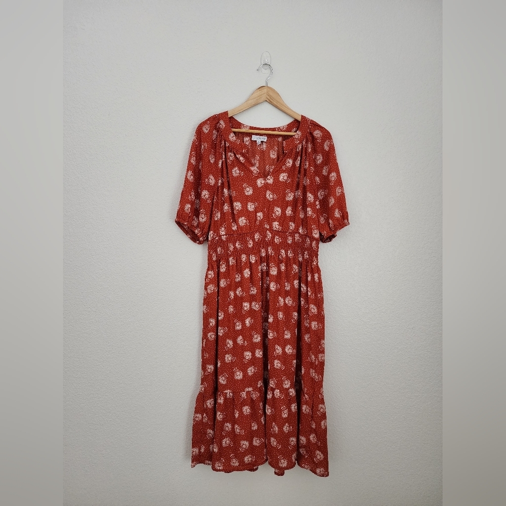 Luxology Smocked Tiered Midi Orange Floral Cottagecore Flowy Dress